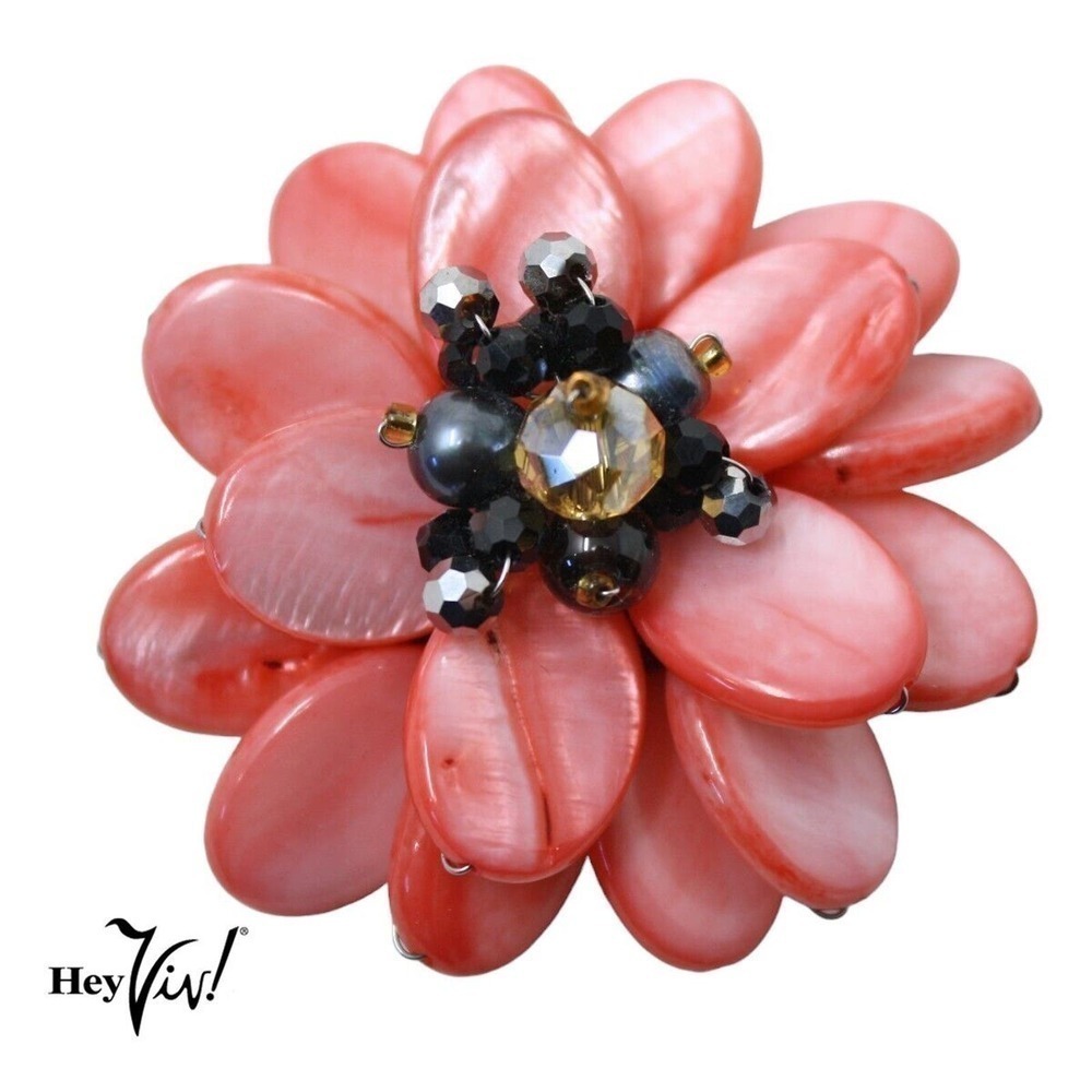 Vintage Pink Thermoplastic Flower Pin w Crystal Bead Middle 2" Across - Hey Viv